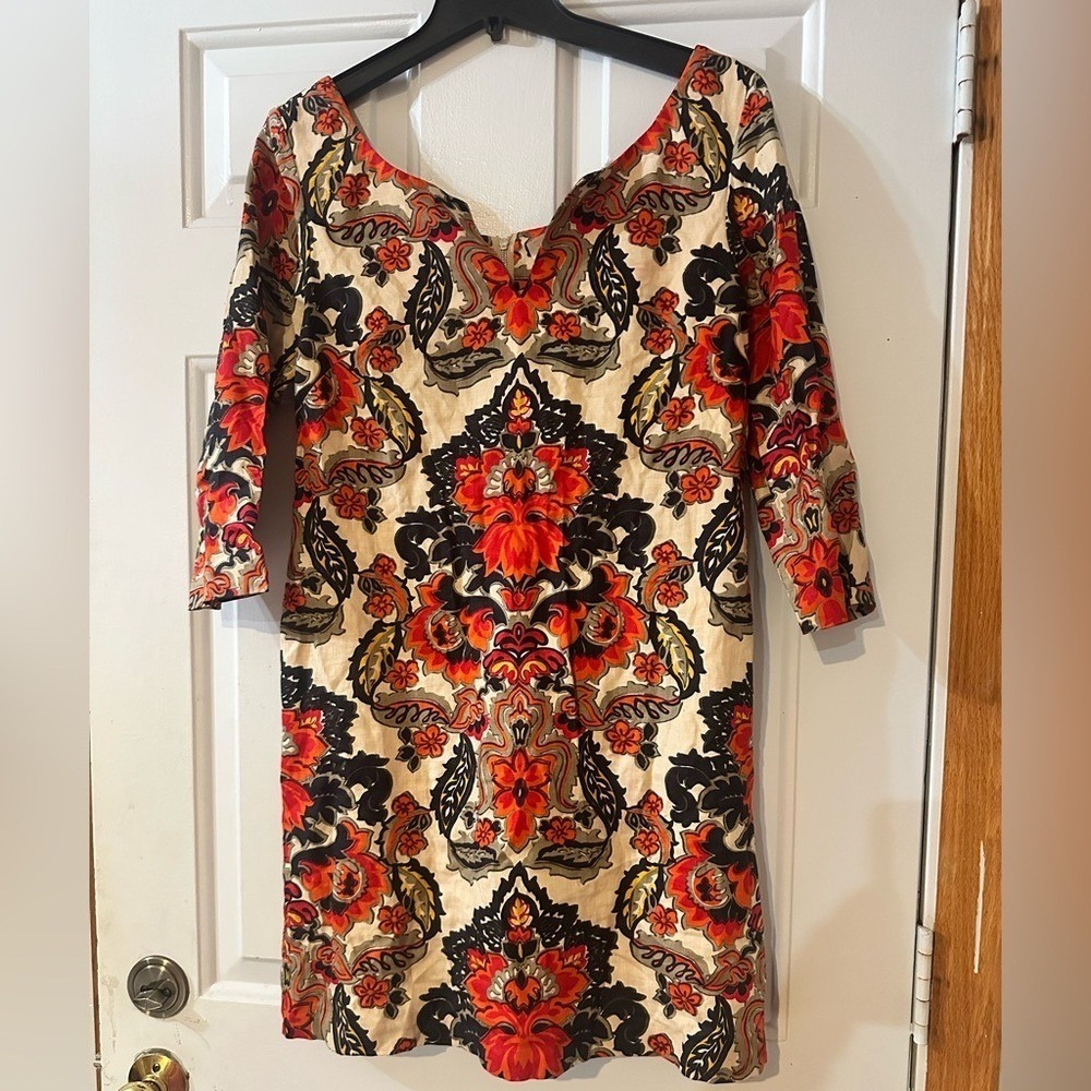 Boho Damask Floral Linen Blend Shift Dress Orange Red 3/4 Sleeve Pockets Mini